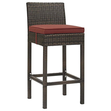 Modway Conduit 30" Rattan & Aluminum Patio Bar Stool in Brown/Currant Red