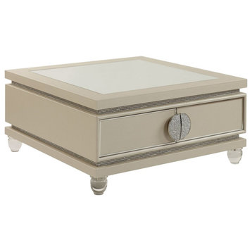 Bowery Hill Modern Mirrored Top Wooden Coffee Table in Ivory and Faux Diamonds