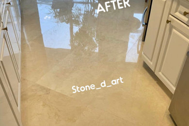 Cream marfil marble floor restoration and grout replacement