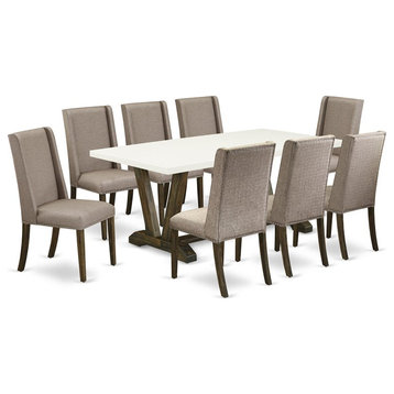 East West Furniture V-Style 9-piece Wood Dining Table Set in Dark Khaki Brown