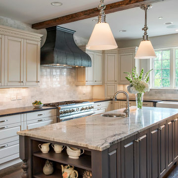 Furniture Style Island with Open Shelving and Polished Bianco Nuvolato Granite