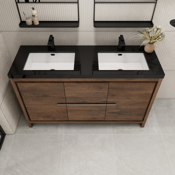 Dory 60" Double Sink FreeStanding Bath Vanity With Sink, Rosewood, Matt Black Top
