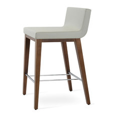 sohoConcept - Dallas Wood Bar Stool, Leatherette Seat, Solid Beech Walnut Color, Light Gray - Bar Stools and Counter Stools