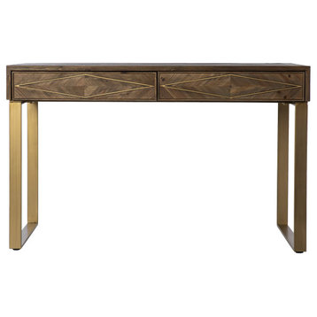 Modern Desk, Metal Legs With Gold Geometric Accented Storage Drawers, Reclaimed
