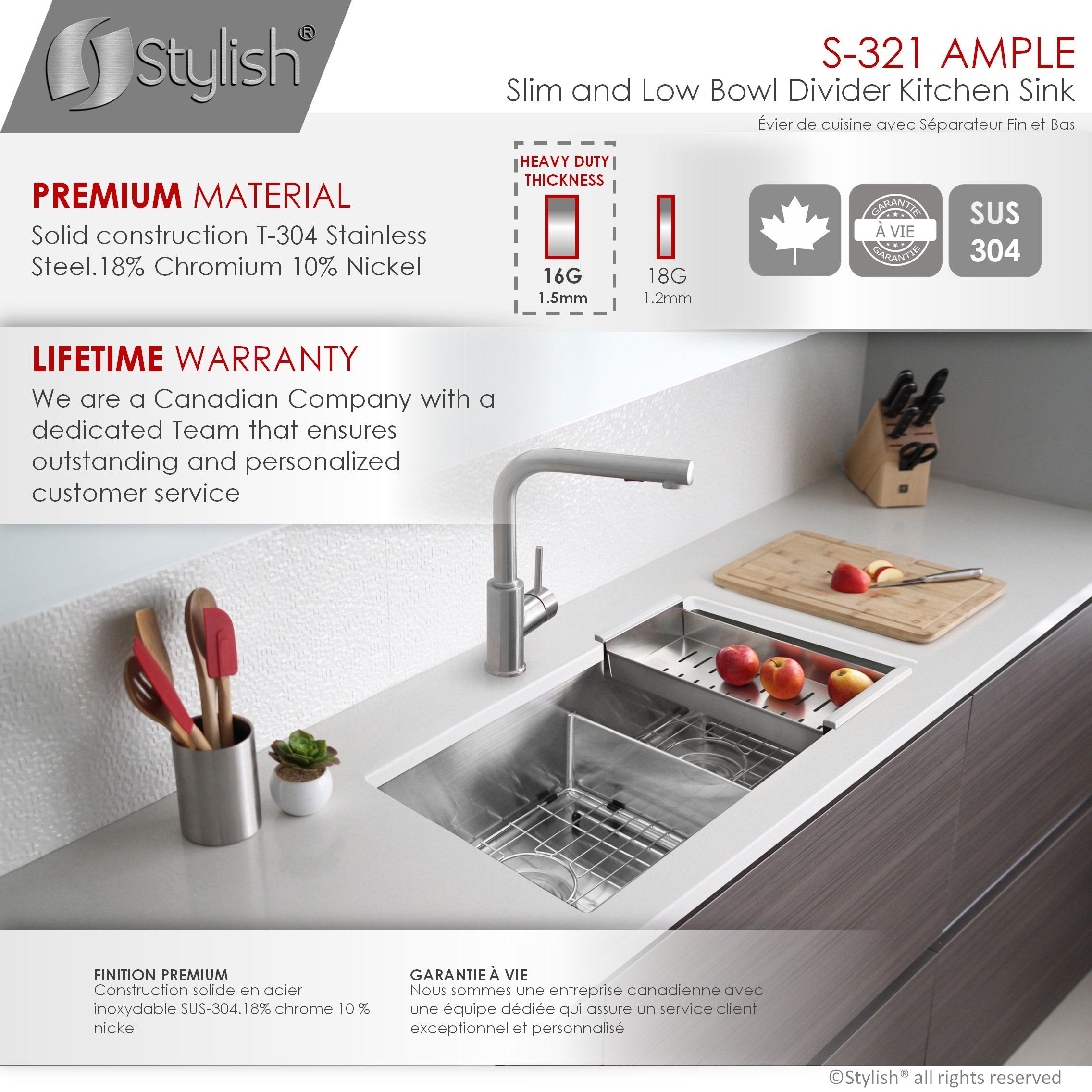 STYLISH 32"L x 18"W Stainless Steel Low Divider Undermount Kitchen Sink