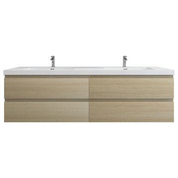 BTO 72" Wall Mounted Bath Vanity With Reinforced Acrylic Sink, Double Sink, White Oak