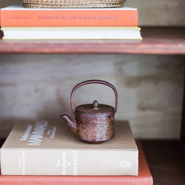 Wabi-Sabi Japanese Teapot and Chinese Tea Caddy on Bookshelf