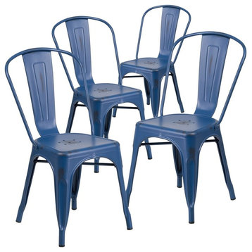 Distressed Antique Blue Metal Indoor/Outdoor Stackable Chairs, Set of 4