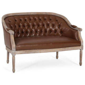 Transitional Loveseat, Faux Leather Seat With Deep Button Tufting, Cognac