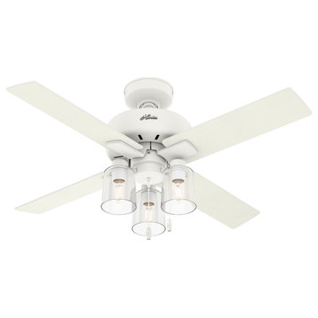 Hunter 44" Pelston Ceiling Fan, Matte White With LED Light and Pull Chain
