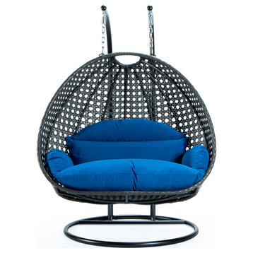 2 Person Charcoal Wicker Double Hanging Egg Swing Chair, Blue