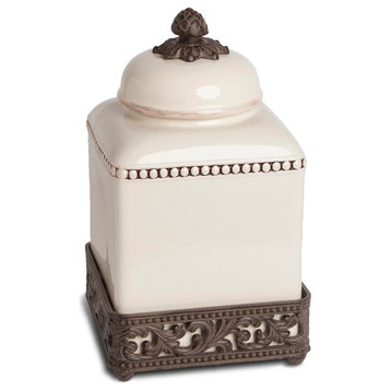 Cream Ceramic Canister with Acanthus Leaf Adorned Metal  Base, 12"