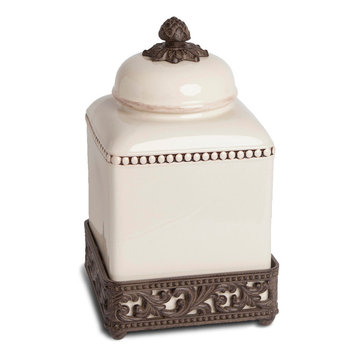 Cream Ceramic Canister with Acanthus Leaf Adorned Metal Base, 12"