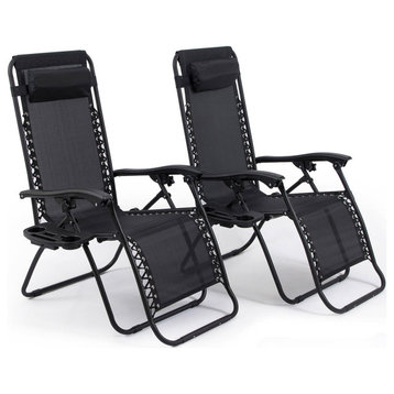 Zero Gravity Lounge Patio Chairs With Cup Holder, Set of 2, Black