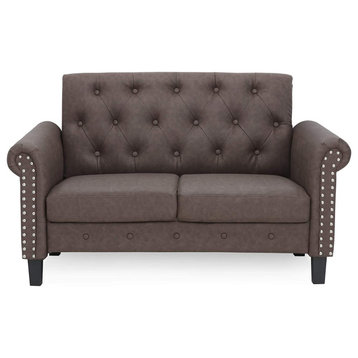 Classic Loveseat, Chesterfield Design With Button Tufted Back & Nailhead, Brown