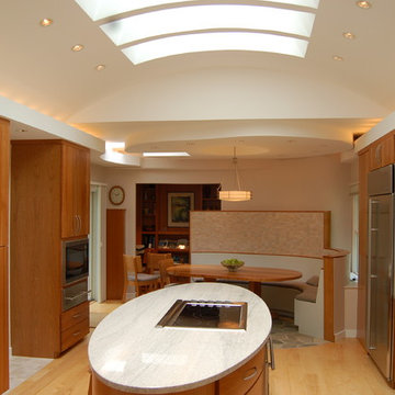 Arched ceiling expands contemporary kitchen