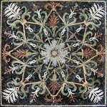 Mozaico - Ornamental Floral Mosaic - Hans I, 24"x24" - Our Hans I ornamental floral mosaic square will be an eye-catching focal point to your kitchen tile backsplash. An elaborate design with a star center, it has terracotta and white palmettes with green fronds on a black/brown background. This delightful flower mosaic will command attention from any corner of your home.