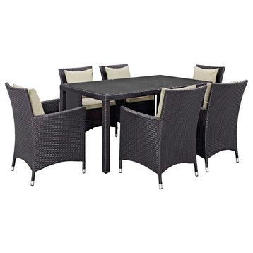 Modern Urban Outdoor Patio 7-Piece Dining Chairs and Table Set, Beige, Rattan