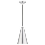 Livex Lighting - Dulce 1 Light Brushed Aluminum With Polished Chrome Accents Mini Pendant - Featuring a clean and crisp modern look, the Dulce mini pendant makes a contemporary statement with the smooth cone shape of its brushed aluminum exterior.  A gleaming shiny white finish on the interior of the metal shade brings a refined touch of style. It will look perfect above a kitchen counter.