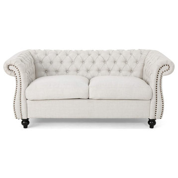 Traditional Chesterfield Loveseat, Beige Seat With Tufted Back and Scrolled Arms