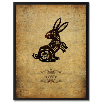 Rabbit Chinese Zodiac Brown Print on Canvas with Picture Frame, 13"x17"