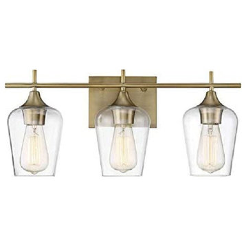 3-Light Bathroom Vanity Light With Clear Glass Shades, Dimmer Compatible, Gold