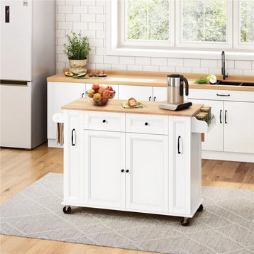 Contemporary Kitchen Island Cart, White Finished Body & Natural Drop Leaf Top
