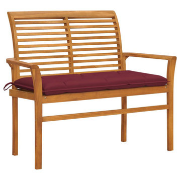 vidaXL Outdoor Patio Bench Garden Bench with Wine Red Cushion Solid Wood Teak