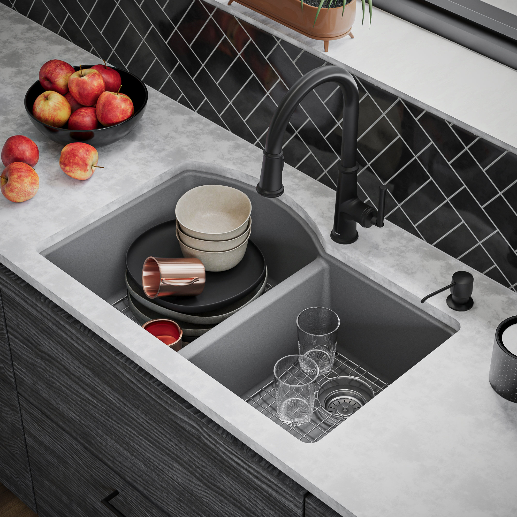 Karran Undermount Quartz 32" 60/40 Double Bowl Kitchen Sink Kit, Grey
