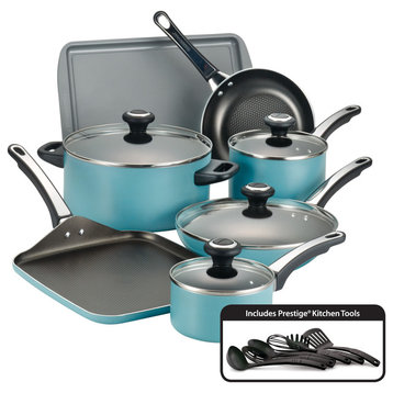 Farberware High Performance Nonstick Aluminum 17-Piece Cookware Set, Aqua