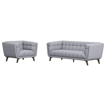 Kelvin Mid-Century Pillow Back Fabric Sofa and Lounge Chair Set in Light Gray