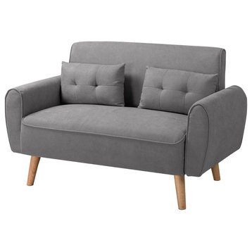 Retro Loveseat, Angled Wooden Legs & Padded Seat With Rounded Arms, Light Gray