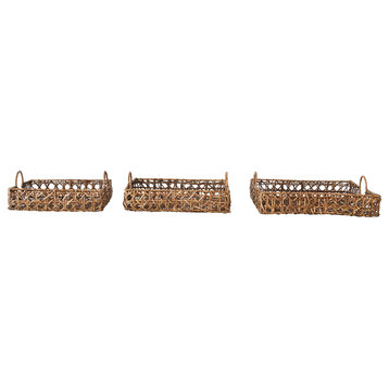 Square Hand-Woven Rattan Trays With Handles, Natural, Set of 3
