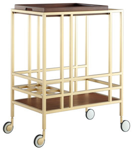 Inspired Home Weili Bar Cart, Removable Serving Tray/Casters, Gold/Walnut