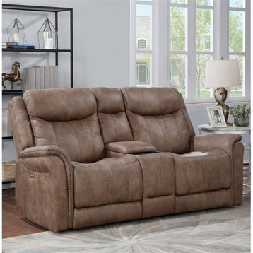 Morrison Camel Brown Faux Suede Leather Power Reclining Console Loveseat