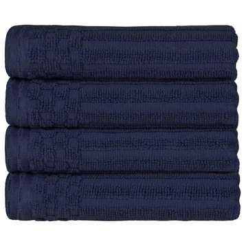 4 Piece Checkered Border Cotton Hand Towel Set, Navy Blue