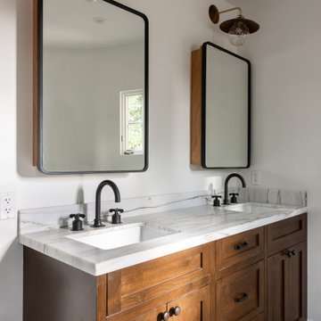 Modern Brentwood Bathroom with Custom Wood Vanity and Bold Tile Shower