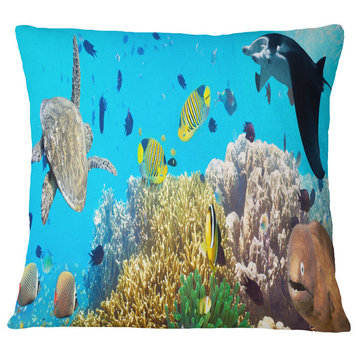 Underwater Panorama With Sea Creatures Photography Throw Pillow, 16"x16"