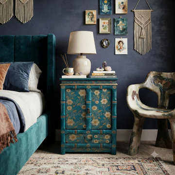 Distressed Teal Green Golden Floral Graphic Side End Table Nightstand ws4990