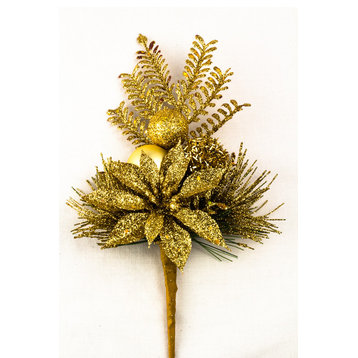 11" Poinsettia Pick With Fern And Ball Gold