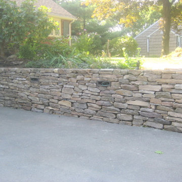 Flat Fieldstone Walls, Cape Cod Paver Platforms and Walkway, w/ Accent Lighting