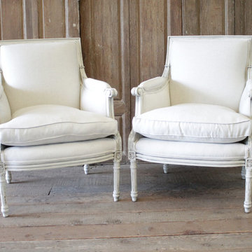 20th Century Louis XVI Style Painted Bergère Chairs in Natural Linen