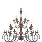 Bailey Street Home - Traditional Twenty Four Light Chandelier in Rustic Black Finish - Chandelier - Traditional Twenty Four Light Chandelier in Rustic Black Finish .  Natural aesthetics and a feminine style bring the European inspired design of the Brampton Hollies Collection to great heights.  The finish is a textured and rich Rustic Black with an aged appeal that is featured on the scrolling arms and candle sleeves.  The beautiful walnut stain highlights the unique wood patterns that make this chandelier everlasting.