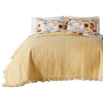 Benzara BM293494 Queen Quilt Set With 2 Pillow Shams and Cotton Fill, Gold