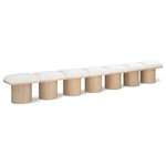 Meridian Furniture - Pavilion Black Boucle Fabric Bench, Cream, Natural Finish, 126" W X 15.5" D X 17.5" H - Bring valuable seating and remarkable style to your space with this cream Pavilion boucle fabric bench, an exquisite balance of style and usability for the entryway, bedroom, and beyond. Crafted from oak veneer with a natural finish, this bench has a 4-inch-thick seat cushion that's channel-tufted for a touch of luxury. The bench's columnar bases add a dash of art deco design, making it a captivating focal point in any room.