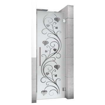 Swing Glass Shower Door With Flowers Design, Semi-Private, 32"x75" Inches, Right