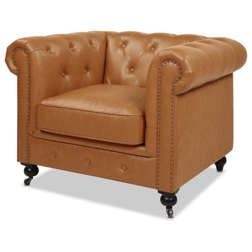 Winston 42.5" Chesterfield Accent Armchair, Caramel Tan Brown Faux Leather