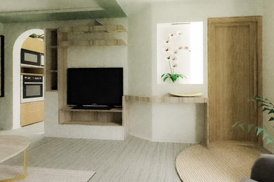 Foto de salón abierto, abovedado y blanco y madera actual grande sin chimenea con paredes blancas, suelo laminado, pared multimedia y suelo gris