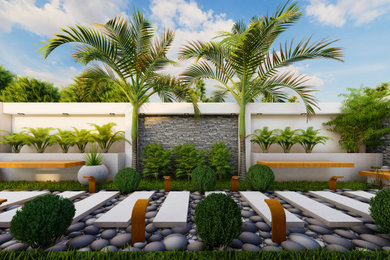 Foto de jardín minimalista en patio delantero con jardín francés, camino de entrada y adoquines de hormigón