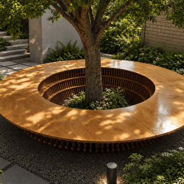Modern Round Wooden Tree Bench – Unique Outdoor Seating for Public